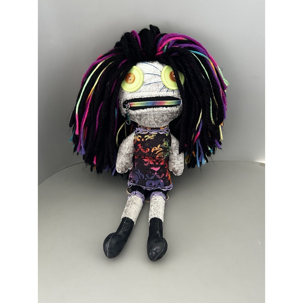 Zombie Goth Doll Zipper Mouth Button Eyes Muticolor Yarn Hair Handcrafted 16"